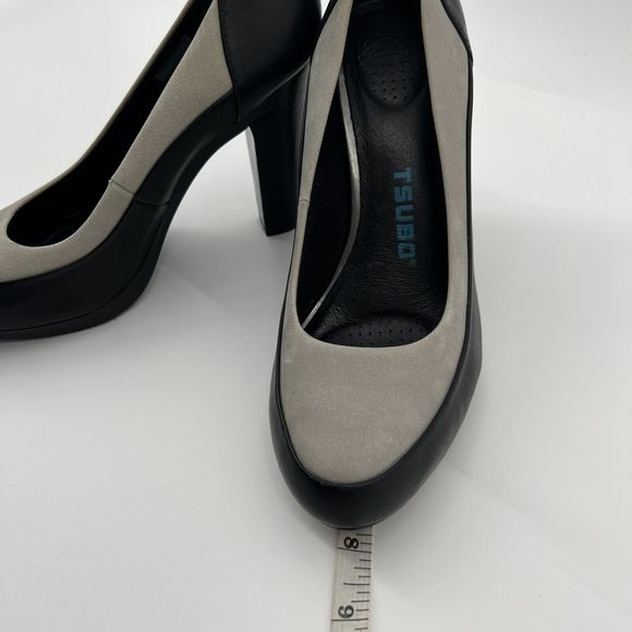 Tsubo Pumps Women's 8.5 Black Leather Gray Suede Stacked 4” Heels Buttery Soft‎ - Picture 10 of 11